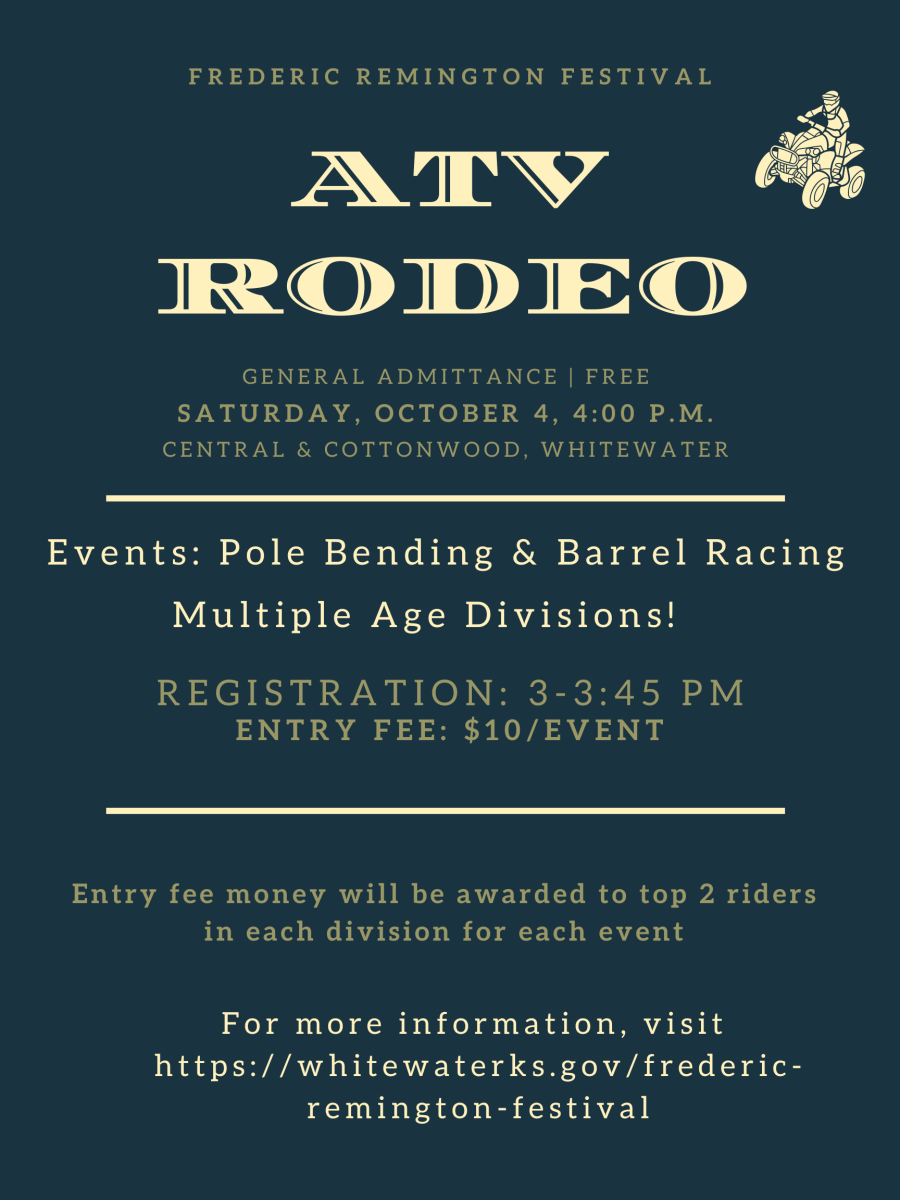 Poster for the ATV Rodeo Sat Oct. 4, at 4PM Registration at 3PM, multiple age divisions, pole bending and barrel racing, $10 entry fee, $$ awarded to top 2 riders each event in their division.