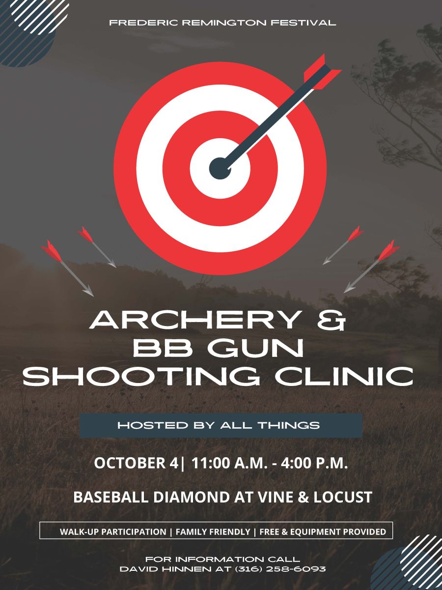 target with arrows, Shooting clinic poster for fred fest, Oct 4, 11AM - 4PM at Vine and Locust, archery and bb guns more info call 316-258-6093