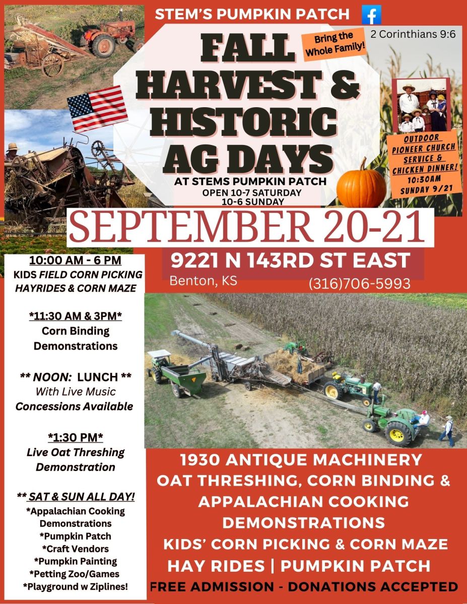 Flyer informing of opening weekend at Stems Pumpkin patch Sept. 20 & 21, call 316-706-5993