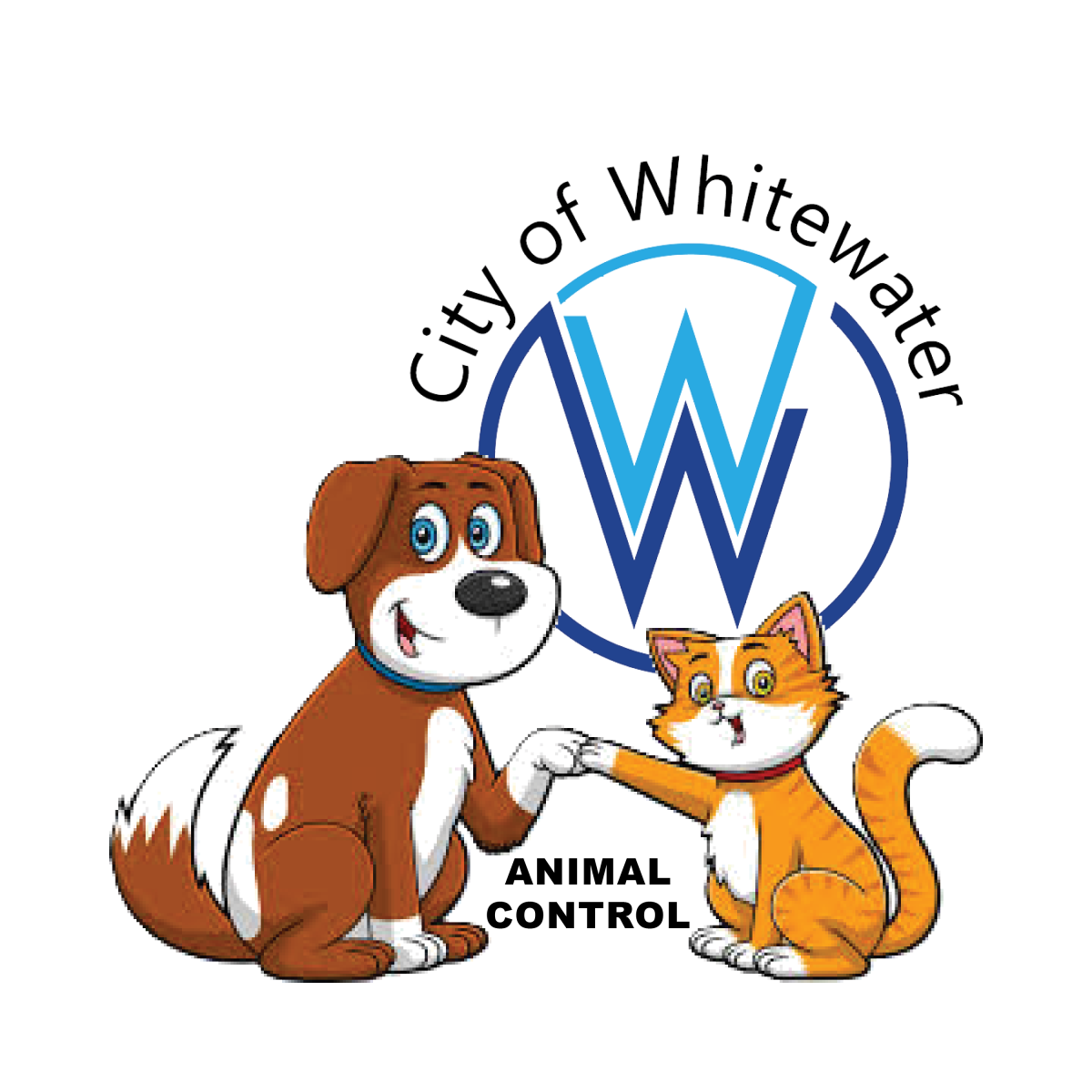a cartoon dog and cat are fist bumping, City of Whitewater logo set behind, words Animal Control