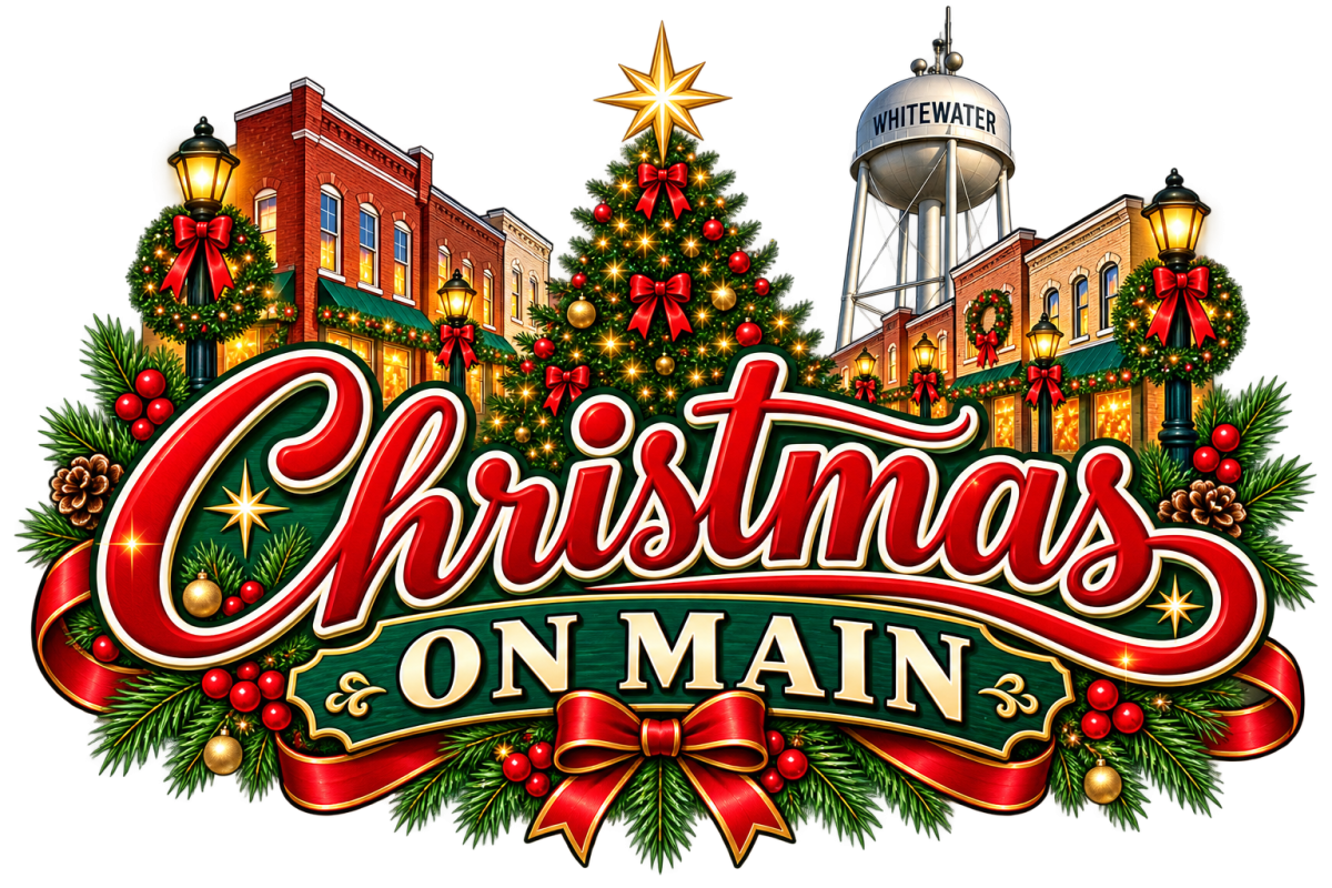 Cute logo with downtown Whitewater decked out in Christmas decorations, a tree in the middle and the Whitewater water tower, Christmas on Main