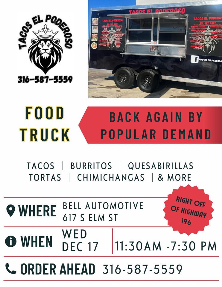 Tacos El Poderoso is back at Bells ready to feed the Whitewater area! Call in your order 316-587-5559