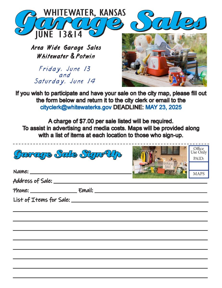 Whitewater Garage Sale Sign Up sheet