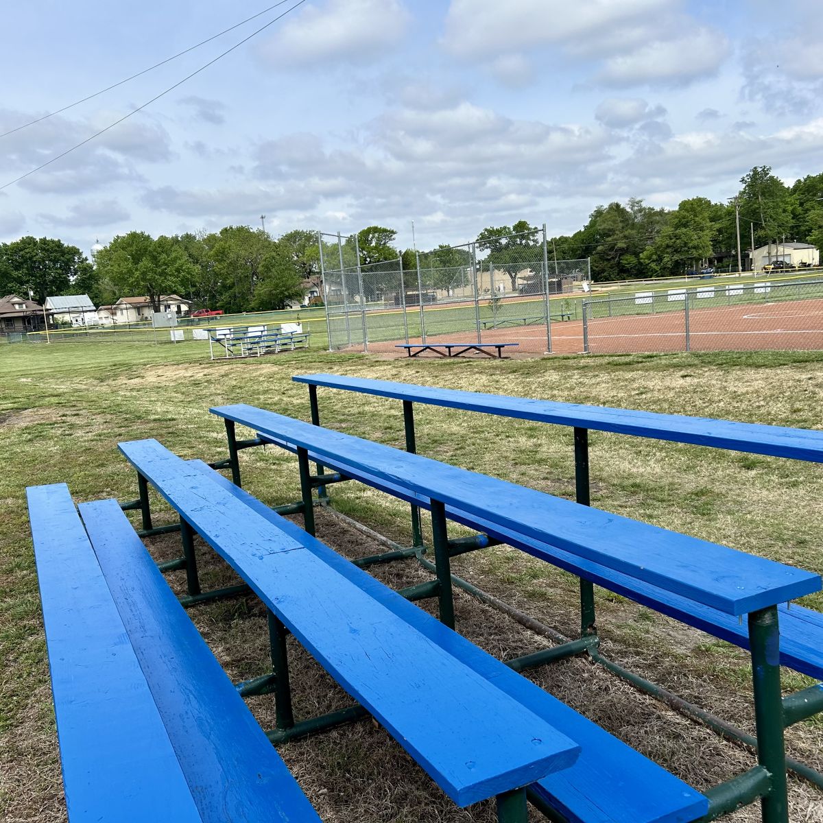 Brightly painted ballfield seating