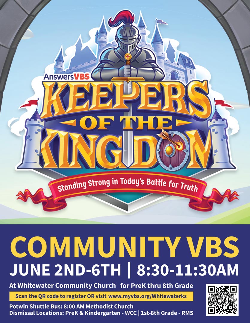 VBS theme Keepers of the Kingdom, Knight in Armor in front of a castle on flyer for Community VBS, June 2-6