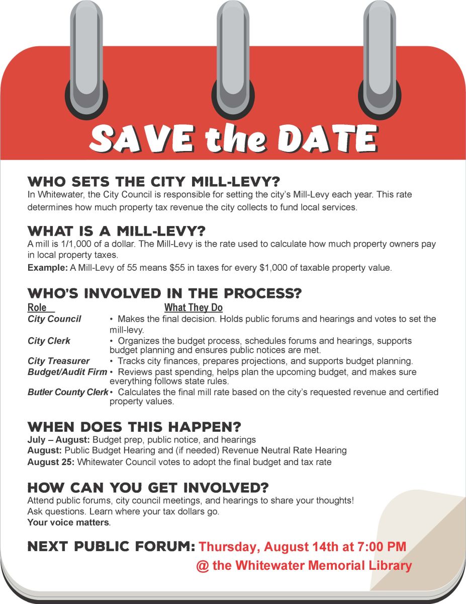 A public forum has been scheduled for the citizens and council members of Whitewater for Aug. 14 to discuss Mill-Levy and RNR issues concerning the 2026 Budget at the Whitewater Memorial Library.