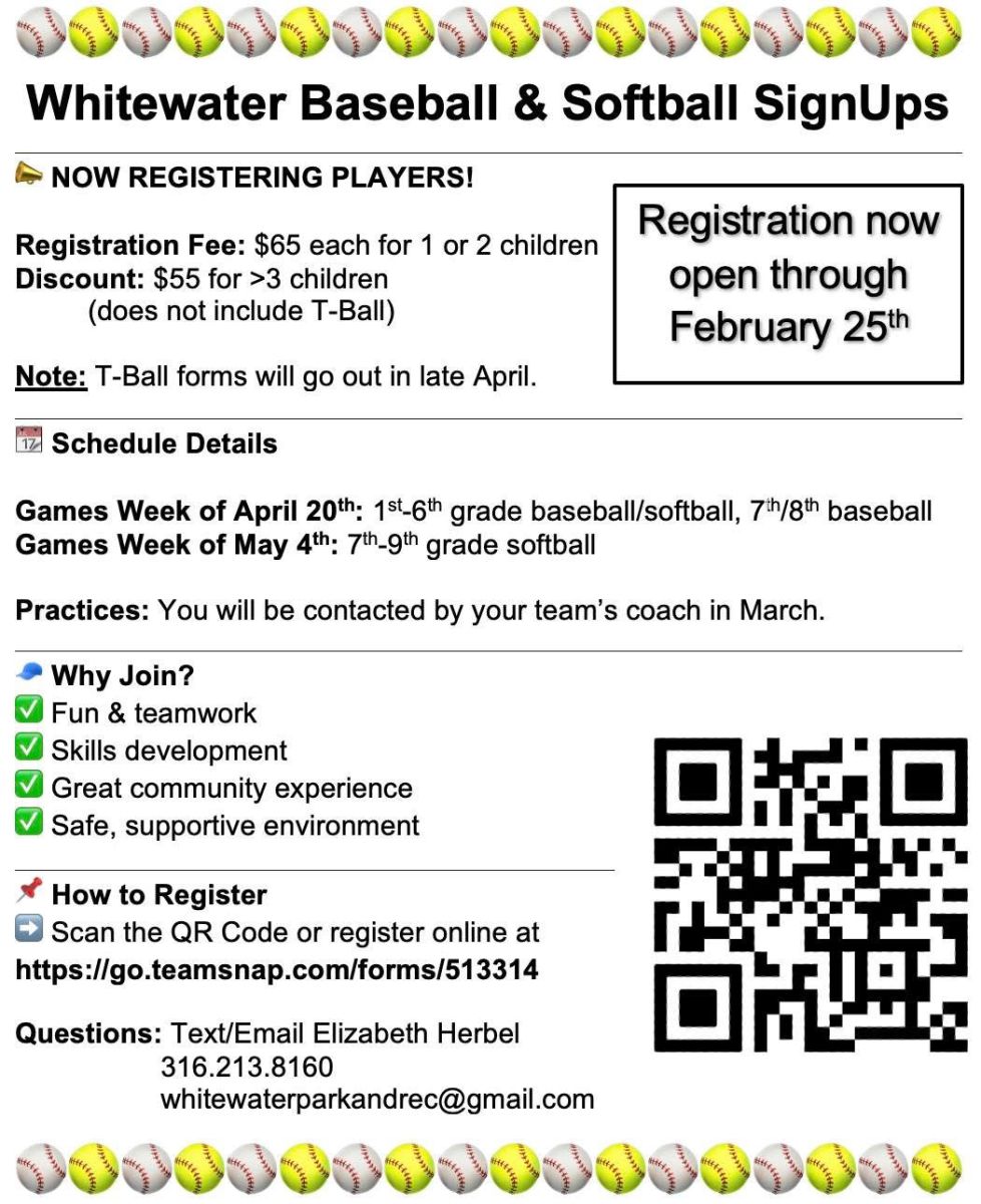 Deadline for sign ups are Feb. 25th, Rec Baseball and Softball