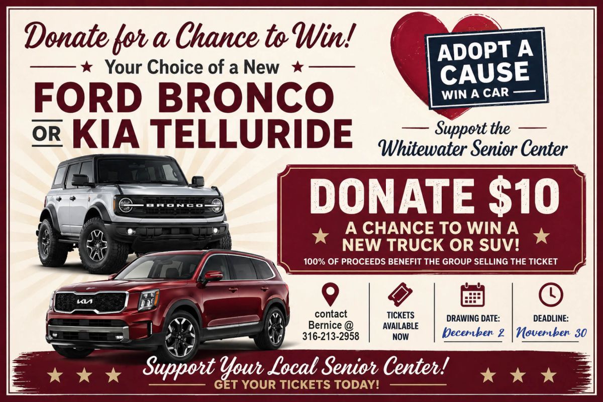donate $10 to the Senior Center and get a raffle ticket to win a new vehicle, contact Bernice