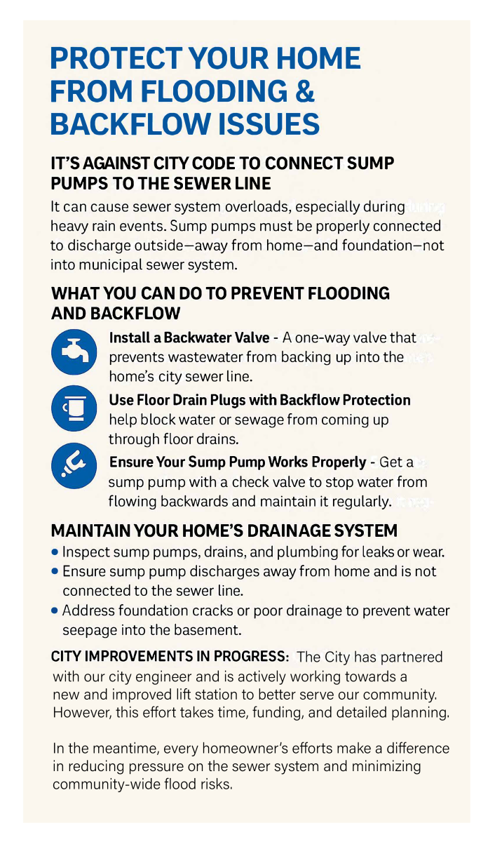 Notice on what a homeowner can do to help prevent backflow or flooding issues at their home.