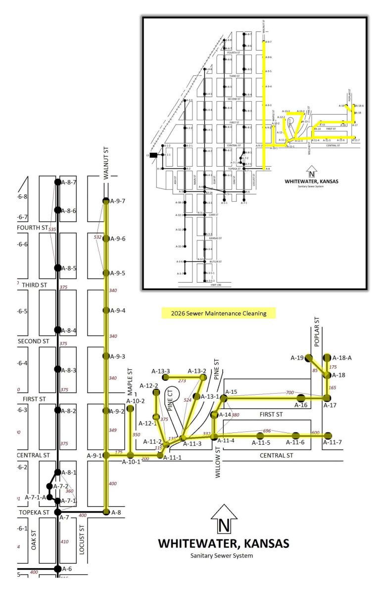 A map showing the 2026 sewer cleaning will the along Walnut and everything directly East in the "new" edition (1970s?)