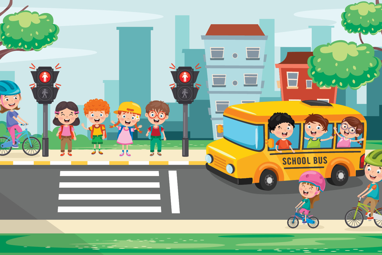 visual of kids walking, biking and taking the bus to school