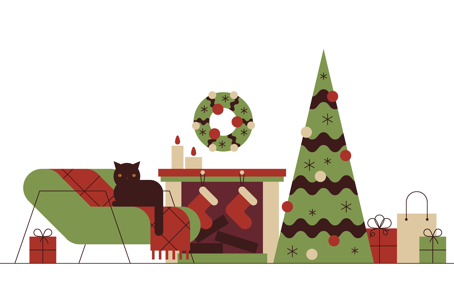 a cat relaxing by a Christmas scene, fireplace, tree, stockings