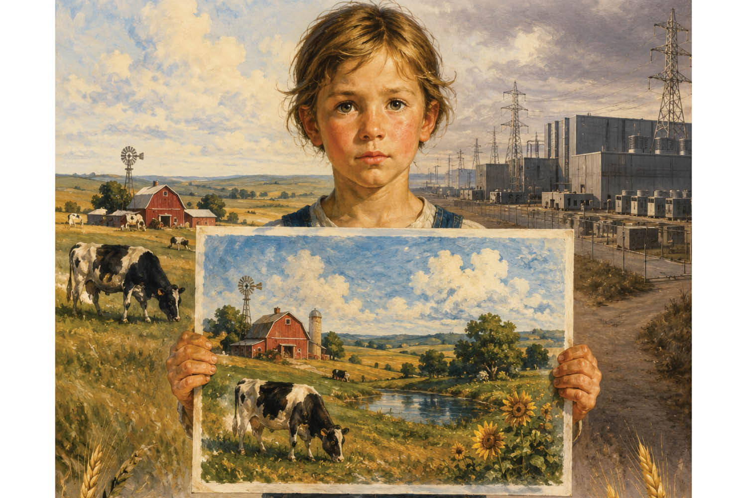 a child holding a painting of a farm with a cow grazing, with a data center looming in the background